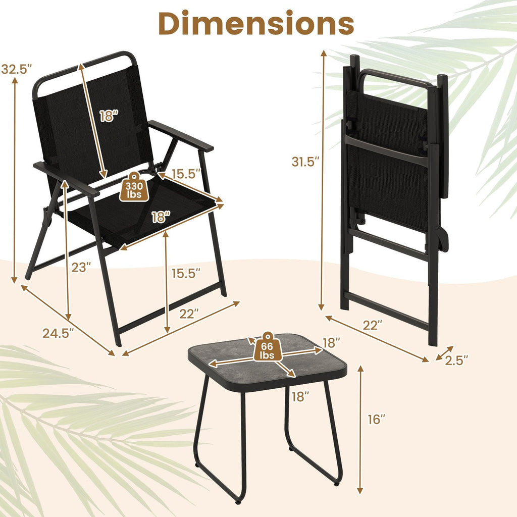 3 Piece Folding Patio Conversation Set, 2 Sling Armchairs Rated 330 lb and an 18 in Side Table, Black