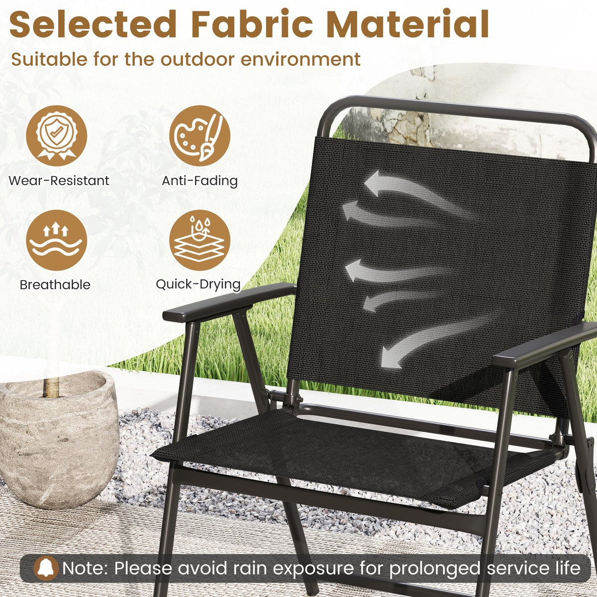 3 Piece Folding Patio Conversation Set, 2 Sling Armchairs Rated 330 lb and an 18 in Side Table, Black