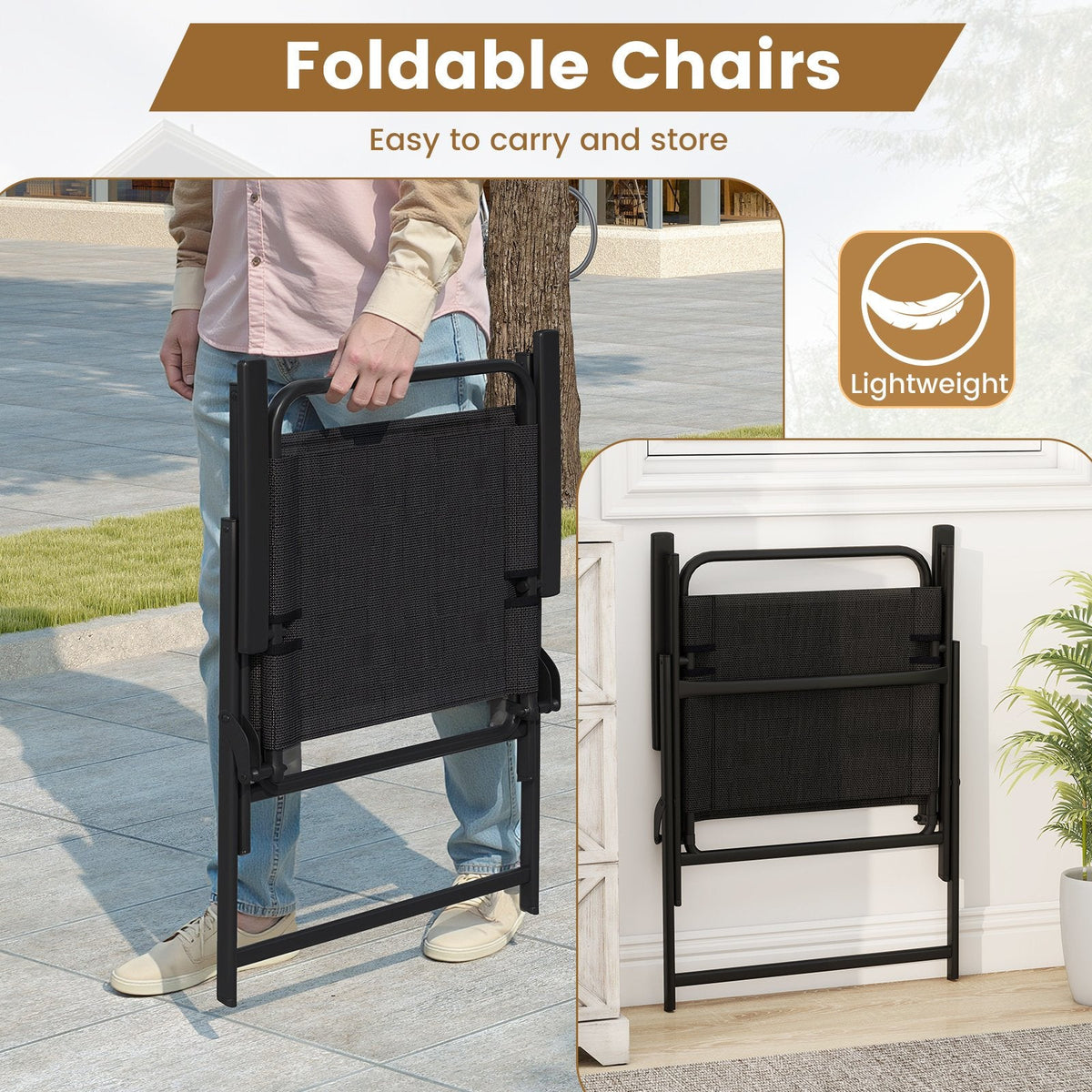 3 Piece Folding Patio Conversation Set, 2 Sling Armchairs Rated 330 lb and an 18 in Side Table, Black