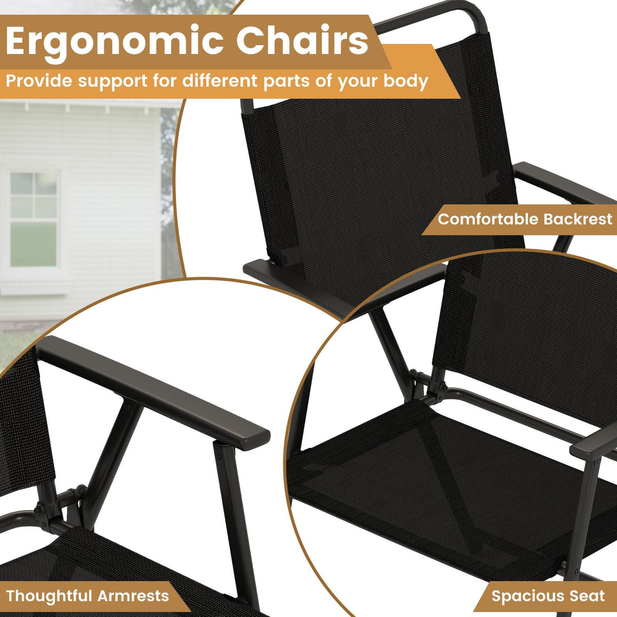3 Piece Folding Patio Conversation Set, 2 Sling Armchairs Rated 330 lb and an 18 in Side Table, Black
