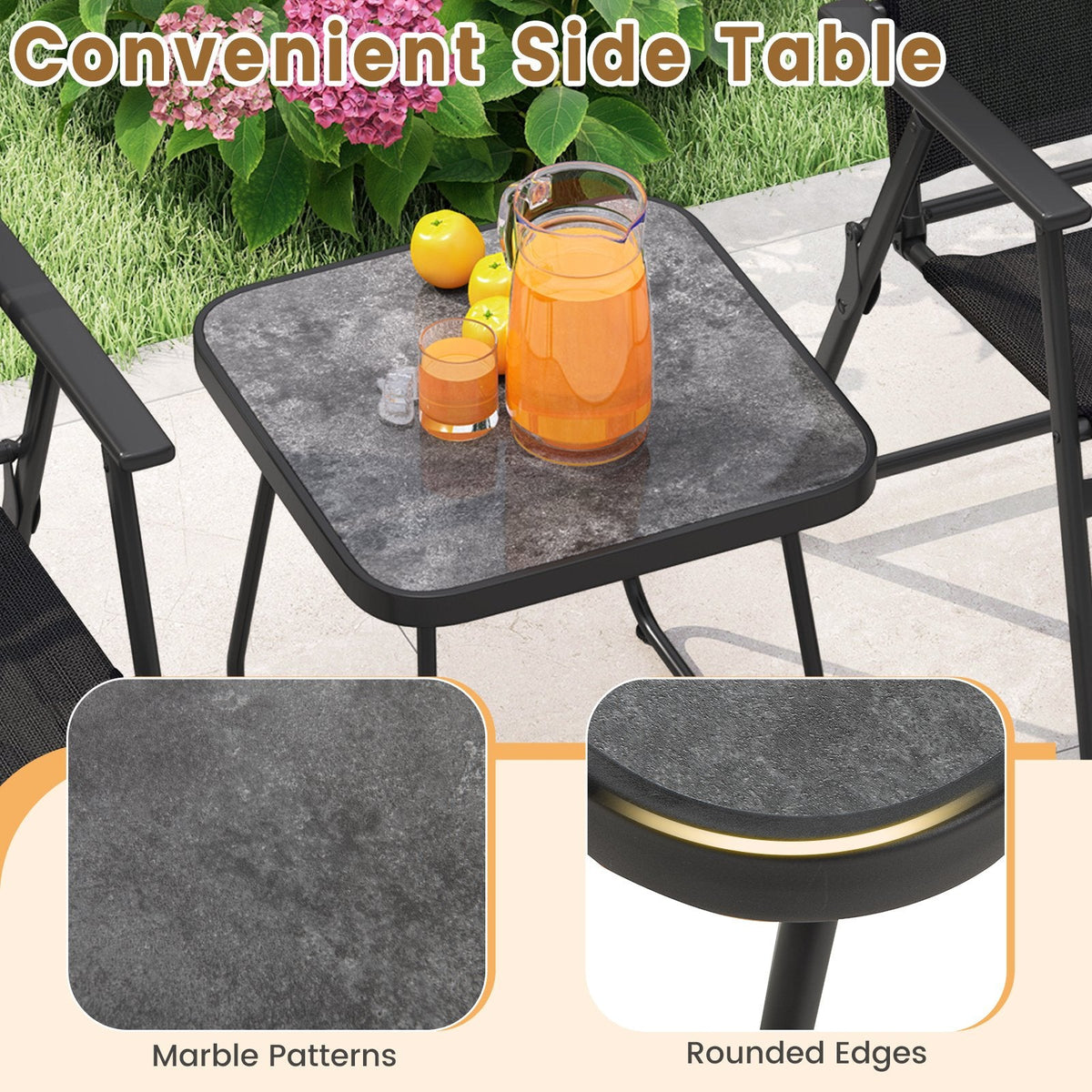 3 Piece Folding Patio Conversation Set, 2 Sling Armchairs Rated 330 lb and an 18 in Side Table, Black