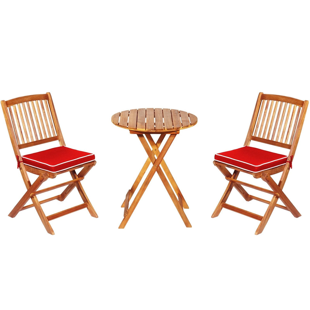 3 Piece Folding Acacia Wood Bistro Set, 2 Slatted Chairs with Red Cushions and a 23.5 in Round Table