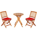 3 Piece Folding Acacia Wood Bistro Set, 2 Slatted Chairs with Red Cushions and a 23.5 in Round Table