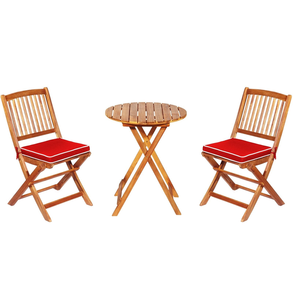 3 Piece Folding Acacia Wood Bistro Set, 2 Slatted Chairs with Red Cushions and a 23.5 in Round Table