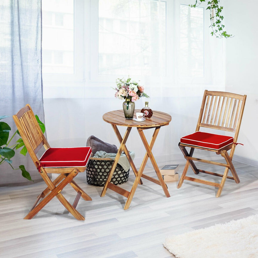 3 Piece Folding Acacia Wood Bistro Set, 2 Slatted Chairs with Red Cushions and a 23.5 in Round Table