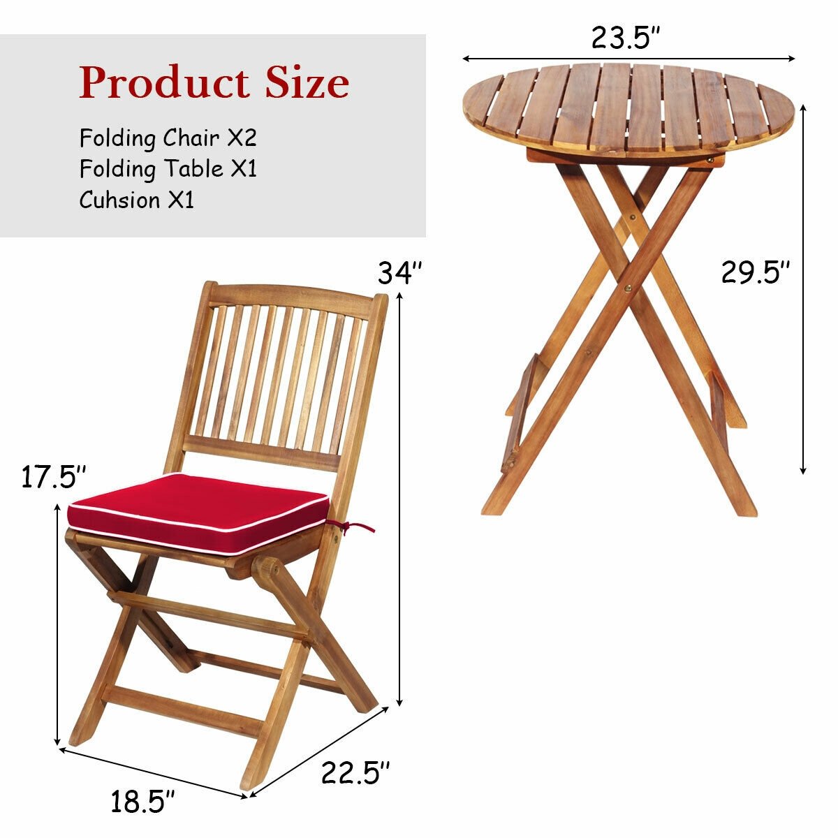 3 Piece Folding Acacia Wood Bistro Set, 2 Slatted Chairs with Red Cushions and a 23.5 in Round Table