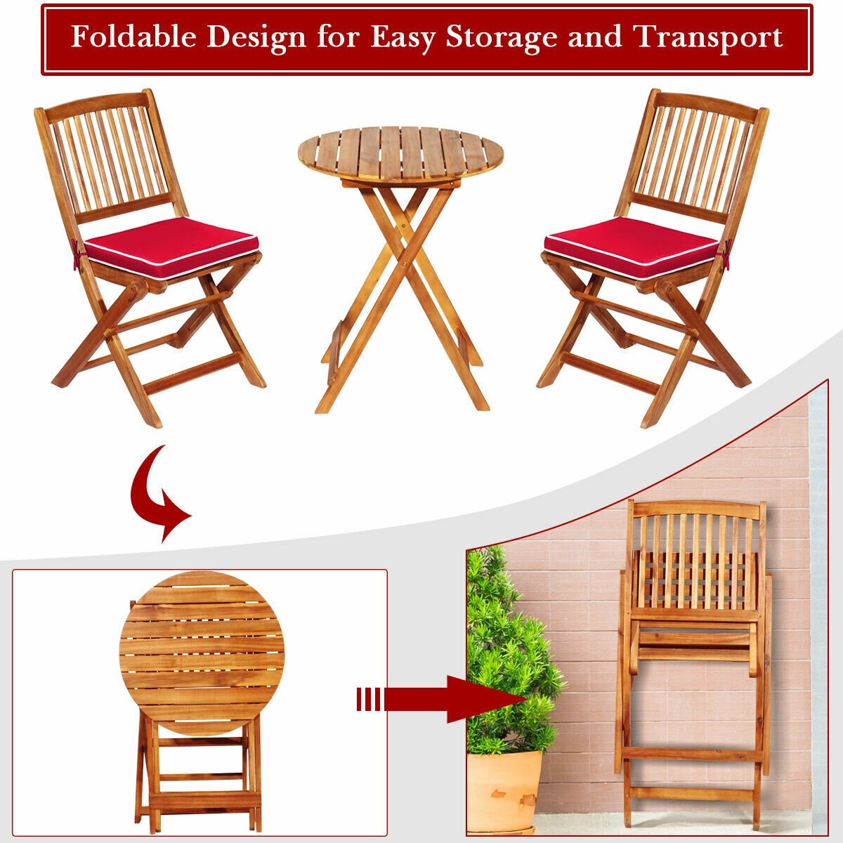 3 Piece Folding Acacia Wood Bistro Set, 2 Slatted Chairs with Red Cushions and a 23.5 in Round Table