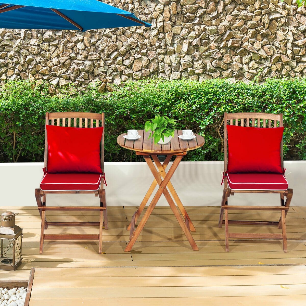 3 Piece Folding Acacia Wood Bistro Set, 2 Slatted Chairs with Red Cushions and a 23.5 in Round Table