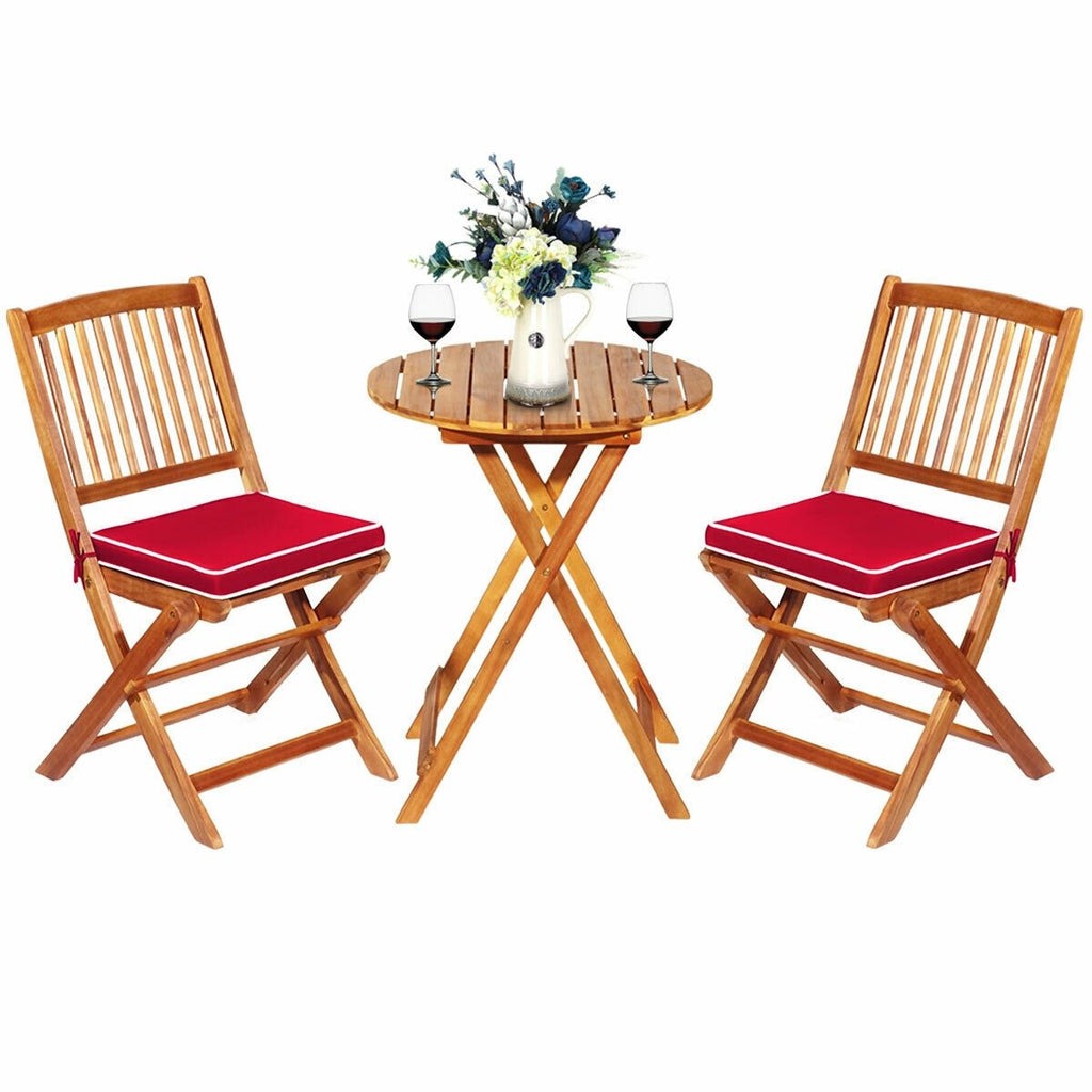 3 Piece Folding Acacia Wood Bistro Set, 2 Slatted Chairs with Red Cushions and a 23.5 in Round Table
