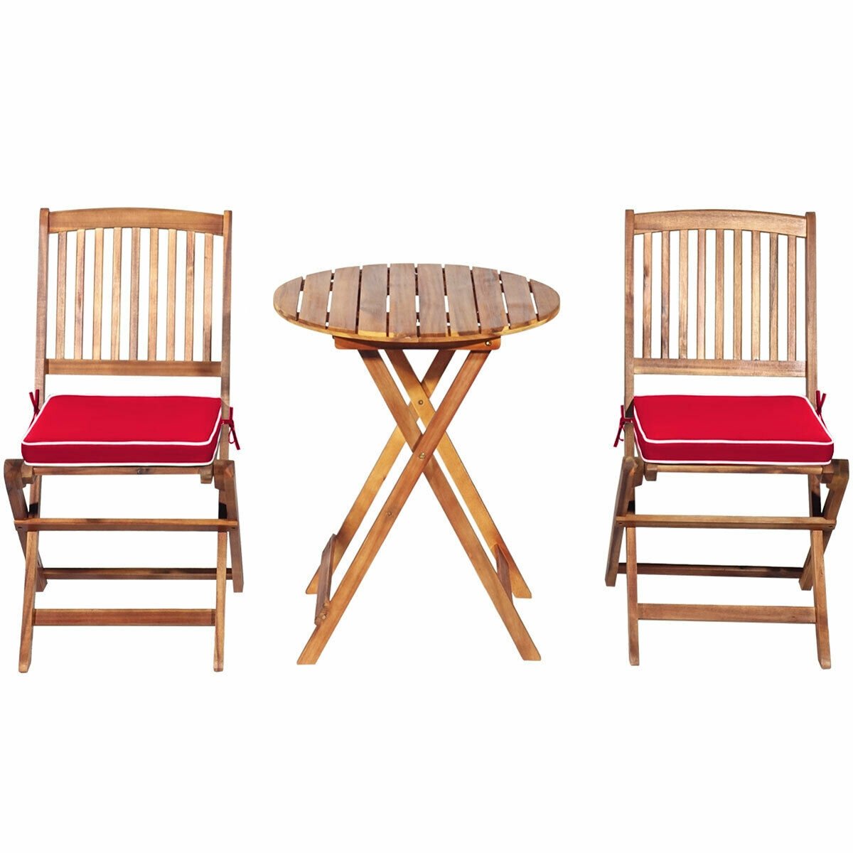 3 Piece Folding Acacia Wood Bistro Set, 2 Slatted Chairs with Red Cushions and a 23.5 in Round Table