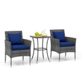 3 Piece Patio Wicker Bistro Set, 2 Chairs Rated 400 lb with Blue Cushions and a 28 in Glass Top Table