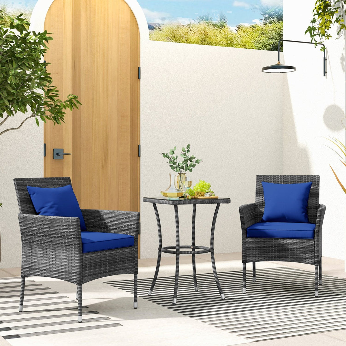 3 Piece Patio Wicker Bistro Set, 2 Chairs Rated 400 lb with Blue Cushions and a 28 in Glass Top Table