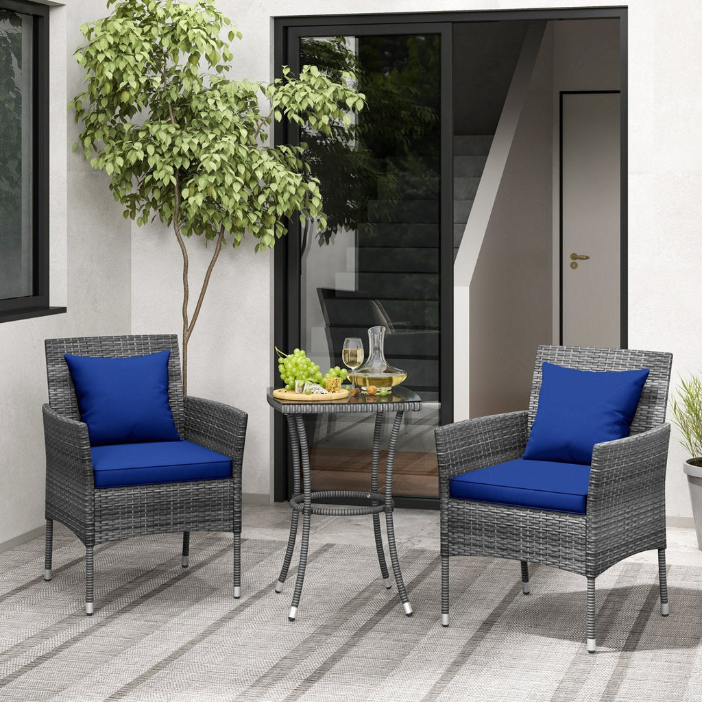 3 Piece Patio Wicker Bistro Set, 2 Chairs Rated 400 lb with Blue Cushions and a 28 in Glass Top Table