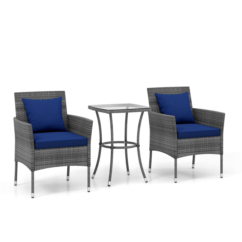 3 Piece Patio Wicker Bistro Set, 2 Chairs Rated 400 lb with Blue Cushions and a 28 in Glass Top Table
