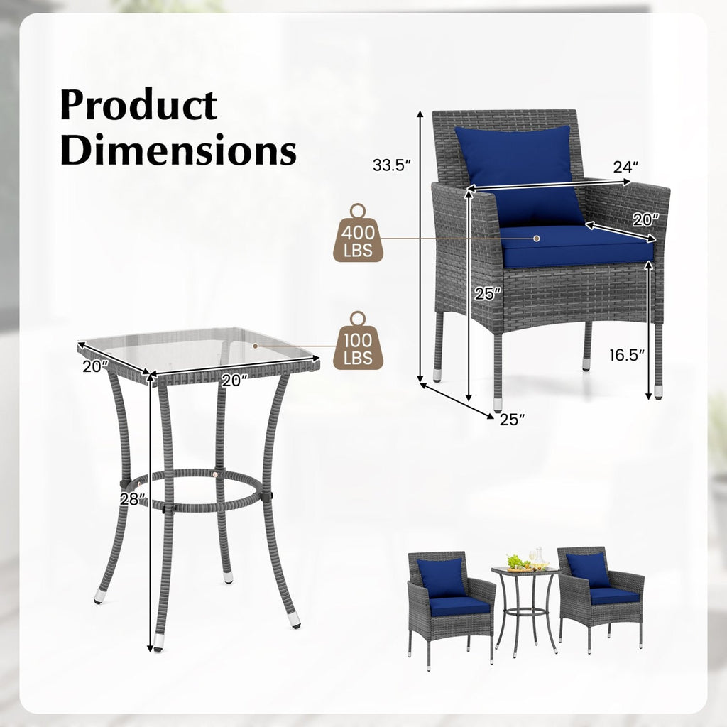 3 Piece Patio Wicker Bistro Set, 2 Chairs Rated 400 lb with Blue Cushions and a 28 in Glass Top Table