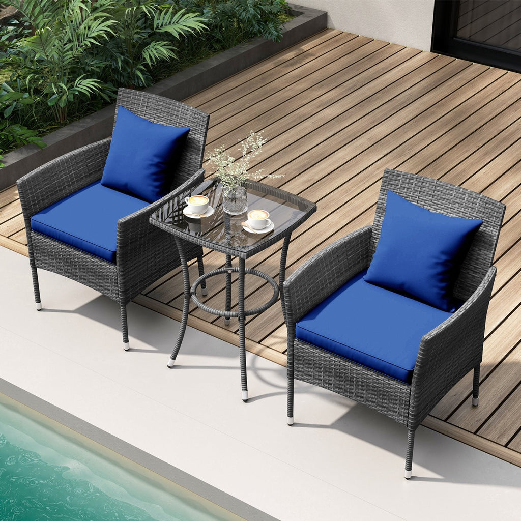 3 Piece Patio Wicker Bistro Set, 2 Chairs Rated 400 lb with Blue Cushions and a 28 in Glass Top Table