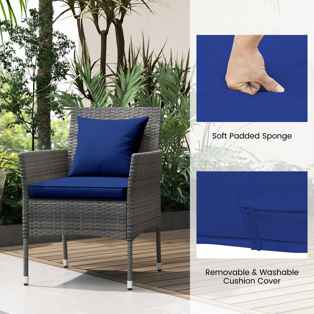 3 Piece Patio Wicker Bistro Set, 2 Chairs Rated 400 lb with Blue Cushions and a 28 in Glass Top Table