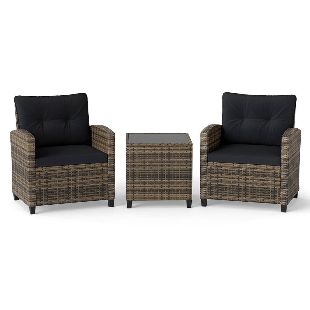 3 Piece Patio Rattan Conversation Set, Brown Weave with Black Cushions, 400 lb Chairs and a Glass Top Table