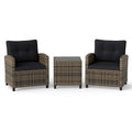 3 Piece Patio Rattan Conversation Set, Brown Weave with Black Cushions, 400 lb Chairs and a Glass Top Table