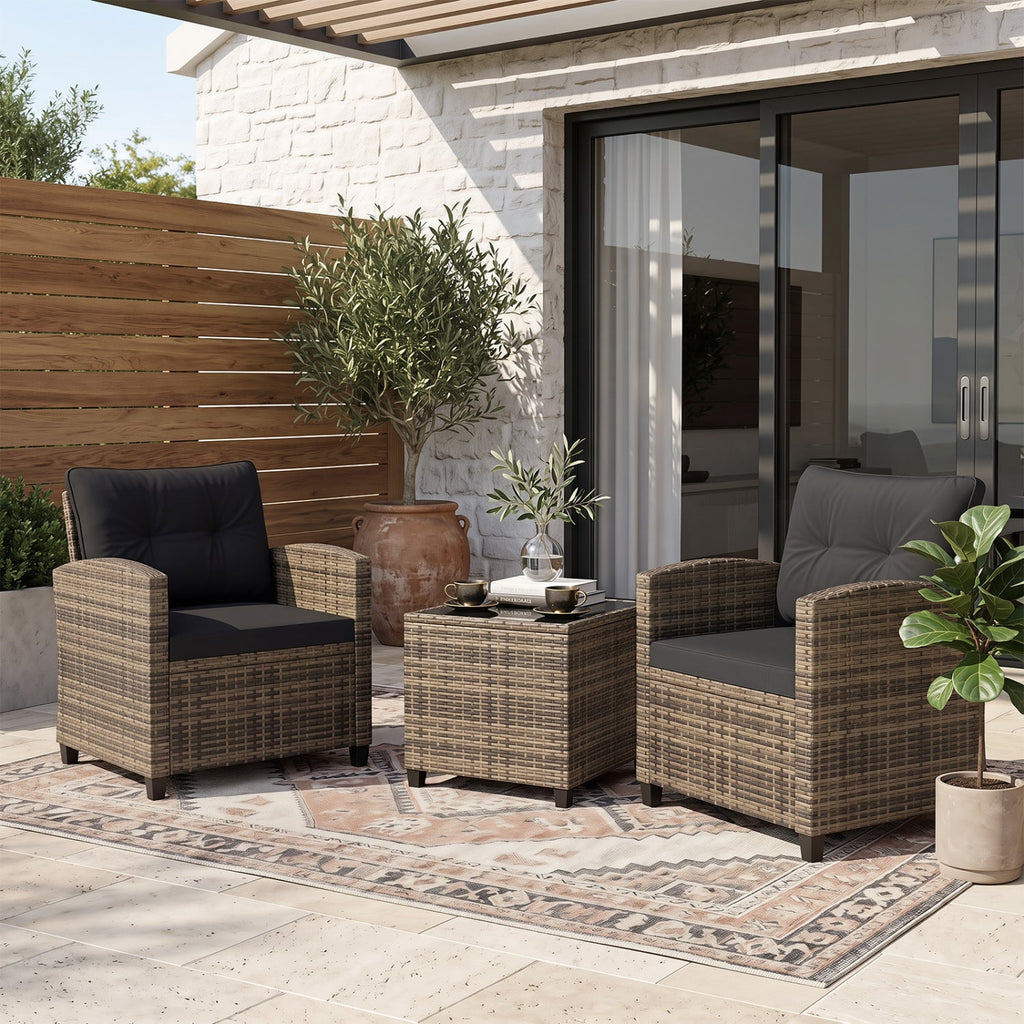 3 Piece Patio Rattan Conversation Set, Brown Weave with Black Cushions, 400 lb Chairs and a Glass Top Table