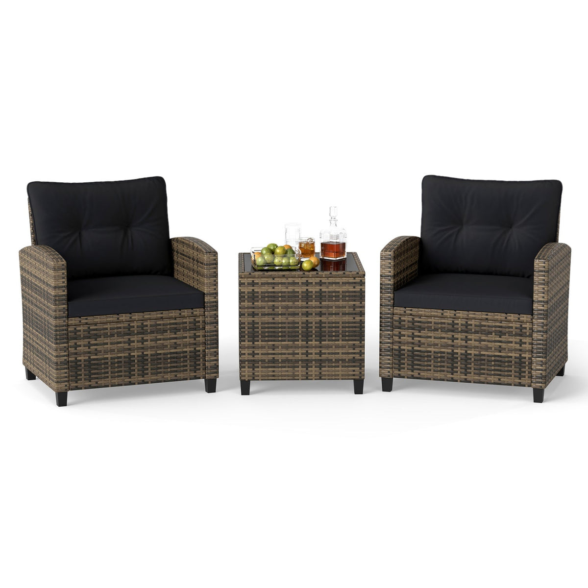 3 Piece Patio Rattan Conversation Set, Brown Weave with Black Cushions, 400 lb Chairs and a Glass Top Table