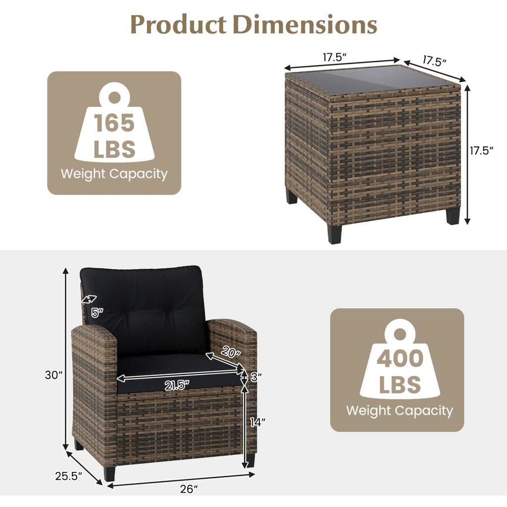 3 Piece Patio Rattan Conversation Set, Brown Weave with Black Cushions, 400 lb Chairs and a Glass Top Table