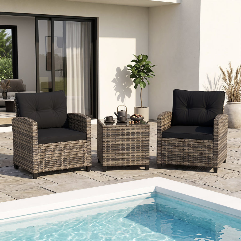 3 Piece Patio Rattan Conversation Set, Brown Weave with Black Cushions, 400 lb Chairs and a Glass Top Table