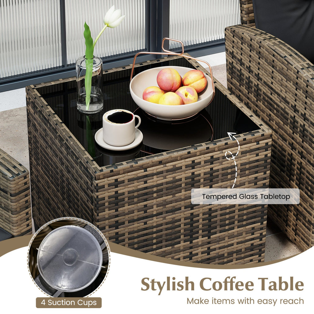 3 Piece Patio Rattan Conversation Set, Brown Weave with Black Cushions, 400 lb Chairs and a Glass Top Table
