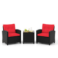 3 Piece Patio Rattan Conversation Set, 2 Armchairs Rated 400 lb with Red Cushions and a Tempered Glass Top Table