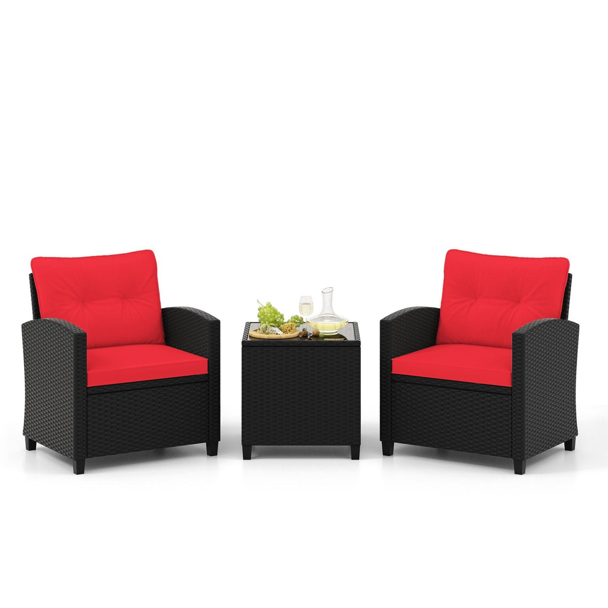 3 Piece Patio Rattan Conversation Set, 2 Armchairs Rated 400 lb with Red Cushions and a Tempered Glass Top Table