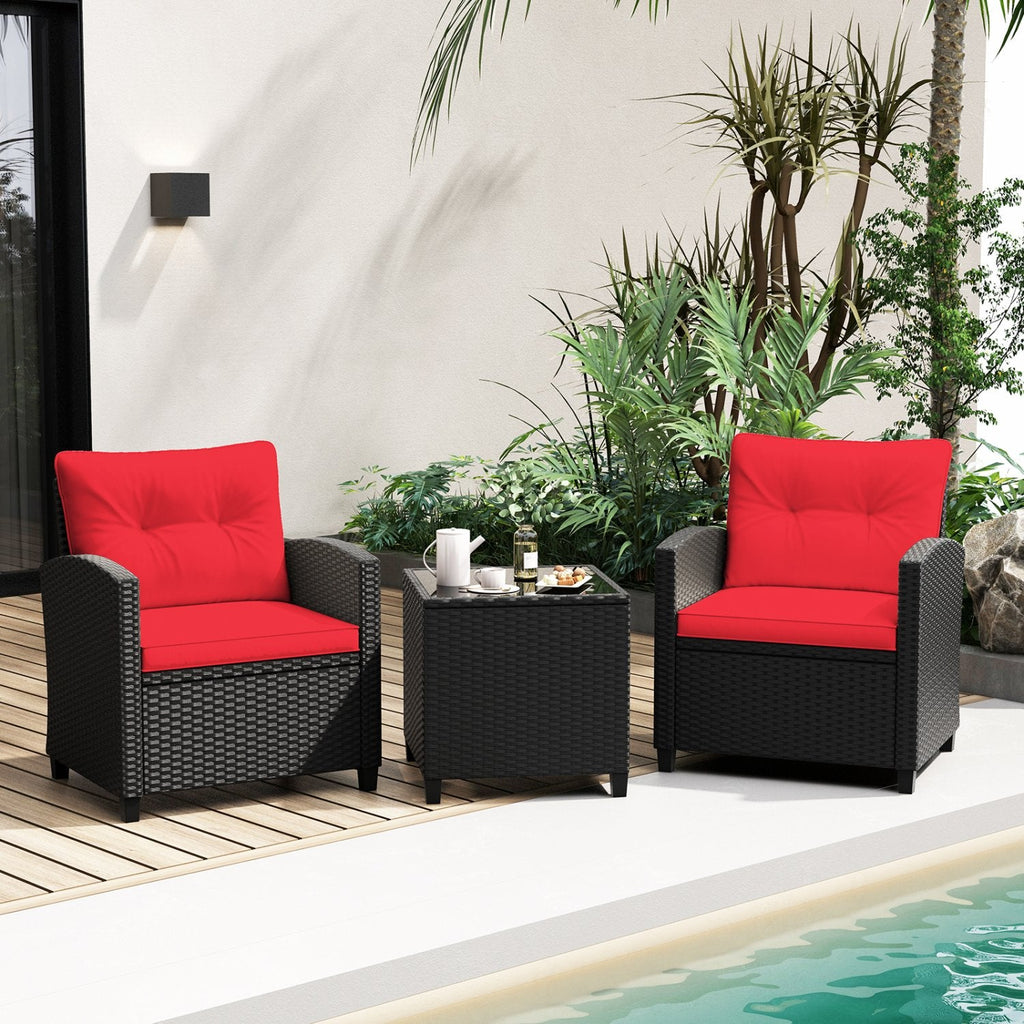 3 Piece Patio Rattan Conversation Set, 2 Armchairs Rated 400 lb with Red Cushions and a Tempered Glass Top Table