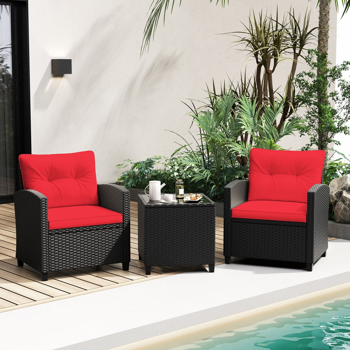 3 Piece Patio Rattan Conversation Set, 2 Armchairs Rated 400 lb with Red Cushions and a Tempered Glass Top Table
