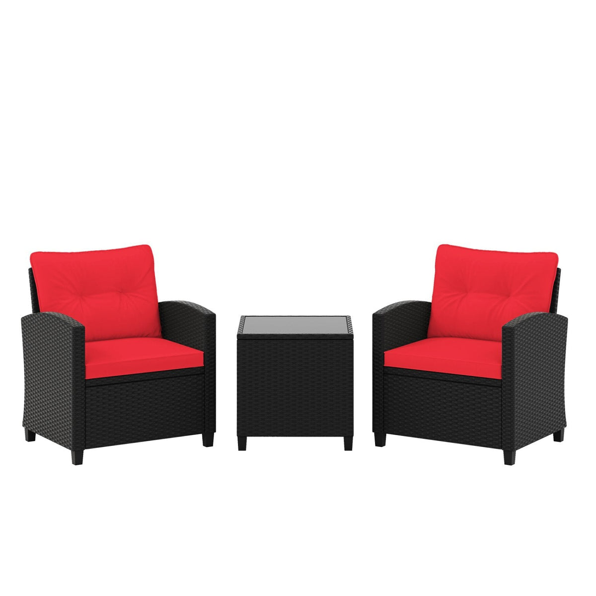 3 Piece Patio Rattan Conversation Set, 2 Armchairs Rated 400 lb with Red Cushions and a Tempered Glass Top Table