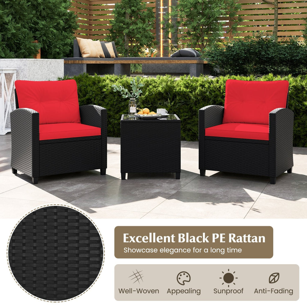 3 Piece Patio Rattan Conversation Set, 2 Armchairs Rated 400 lb with Red Cushions and a Tempered Glass Top Table