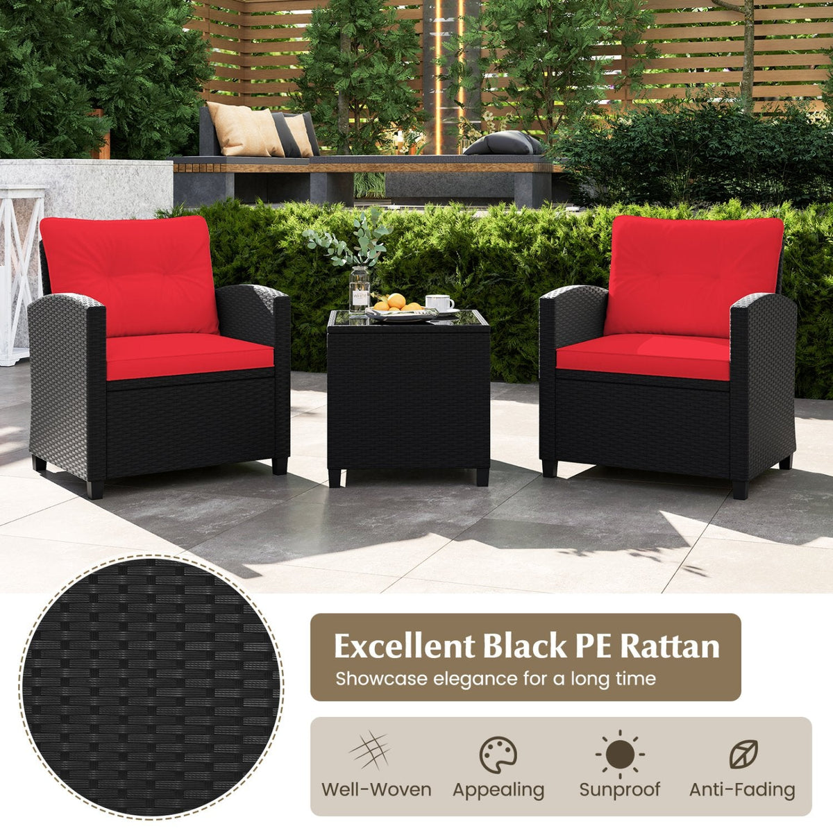 3 Piece Patio Rattan Conversation Set, 2 Armchairs Rated 400 lb with Red Cushions and a Tempered Glass Top Table