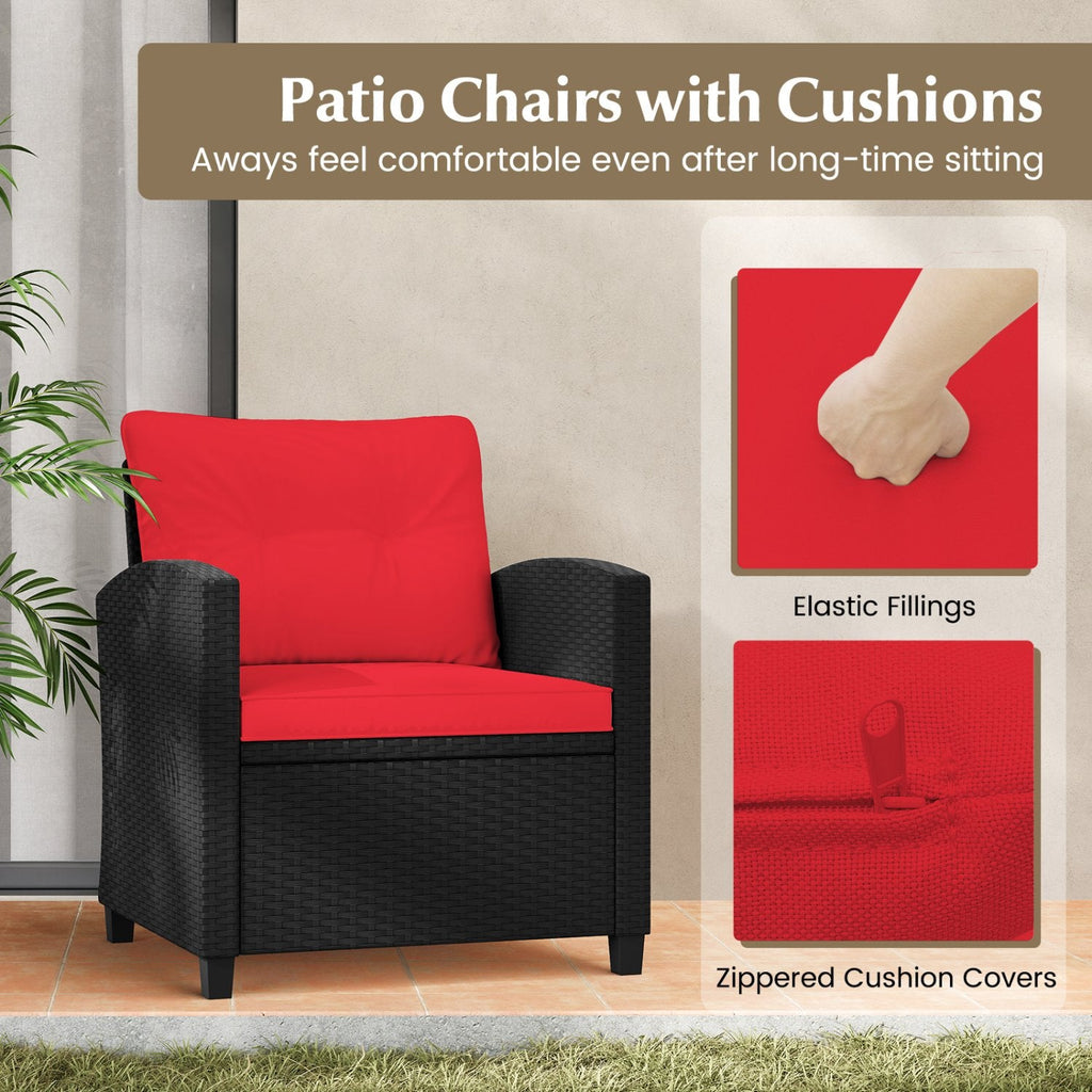 3 Piece Patio Rattan Conversation Set, 2 Armchairs Rated 400 lb with Red Cushions and a Tempered Glass Top Table