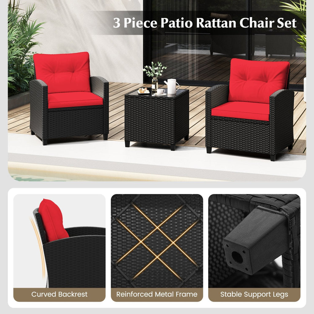 3 Piece Patio Rattan Conversation Set, 2 Armchairs Rated 400 lb with Red Cushions and a Tempered Glass Top Table