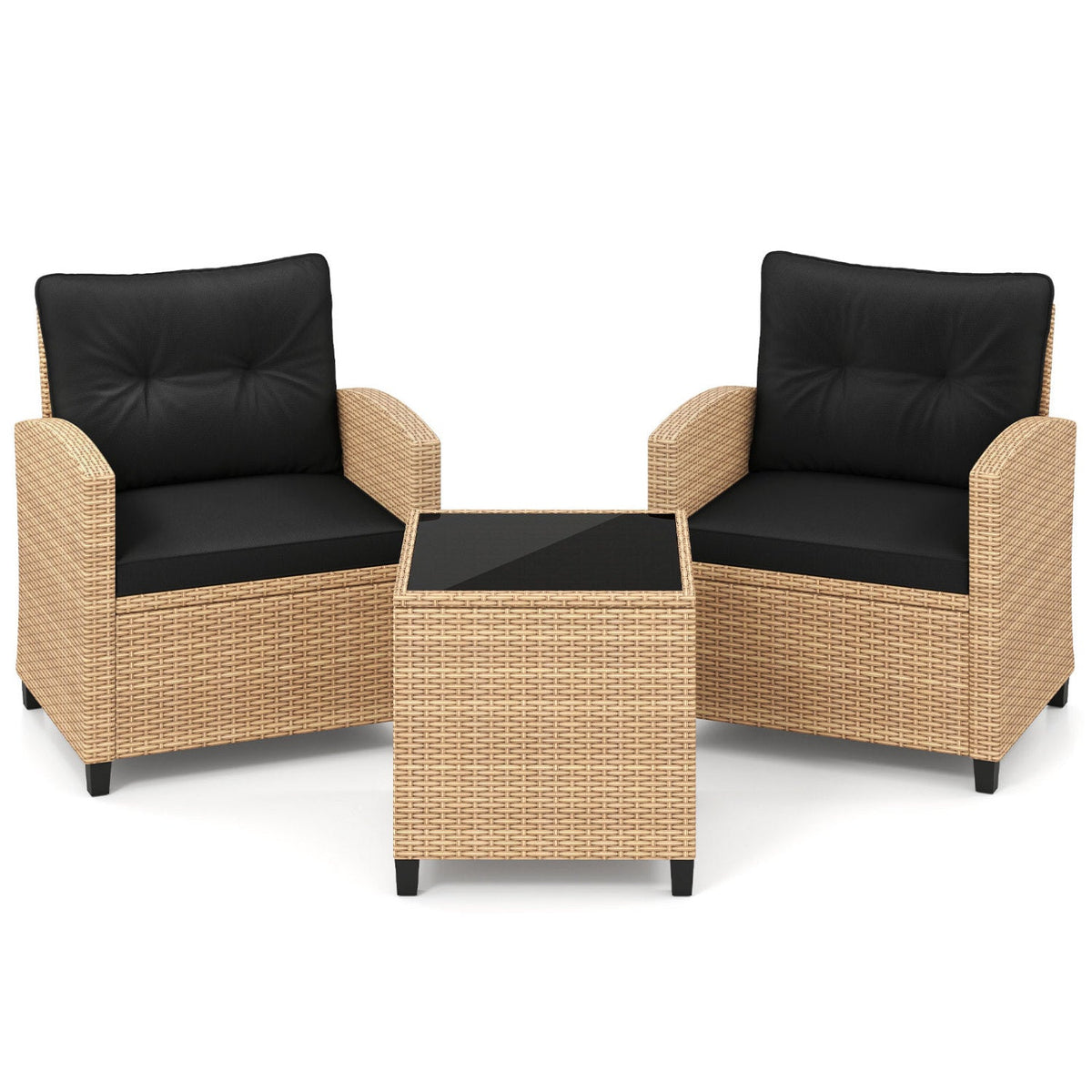 3 Piece Patio Rattan Conversation Set, Tan Weave with Black Cushions, 30.5 in Chairs Rated 400 lb