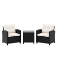 3 Piece Patio Rattan Conversation Set, 2 Armchairs Rated 400 lb with White Cushions and a Tempered Glass Top Table