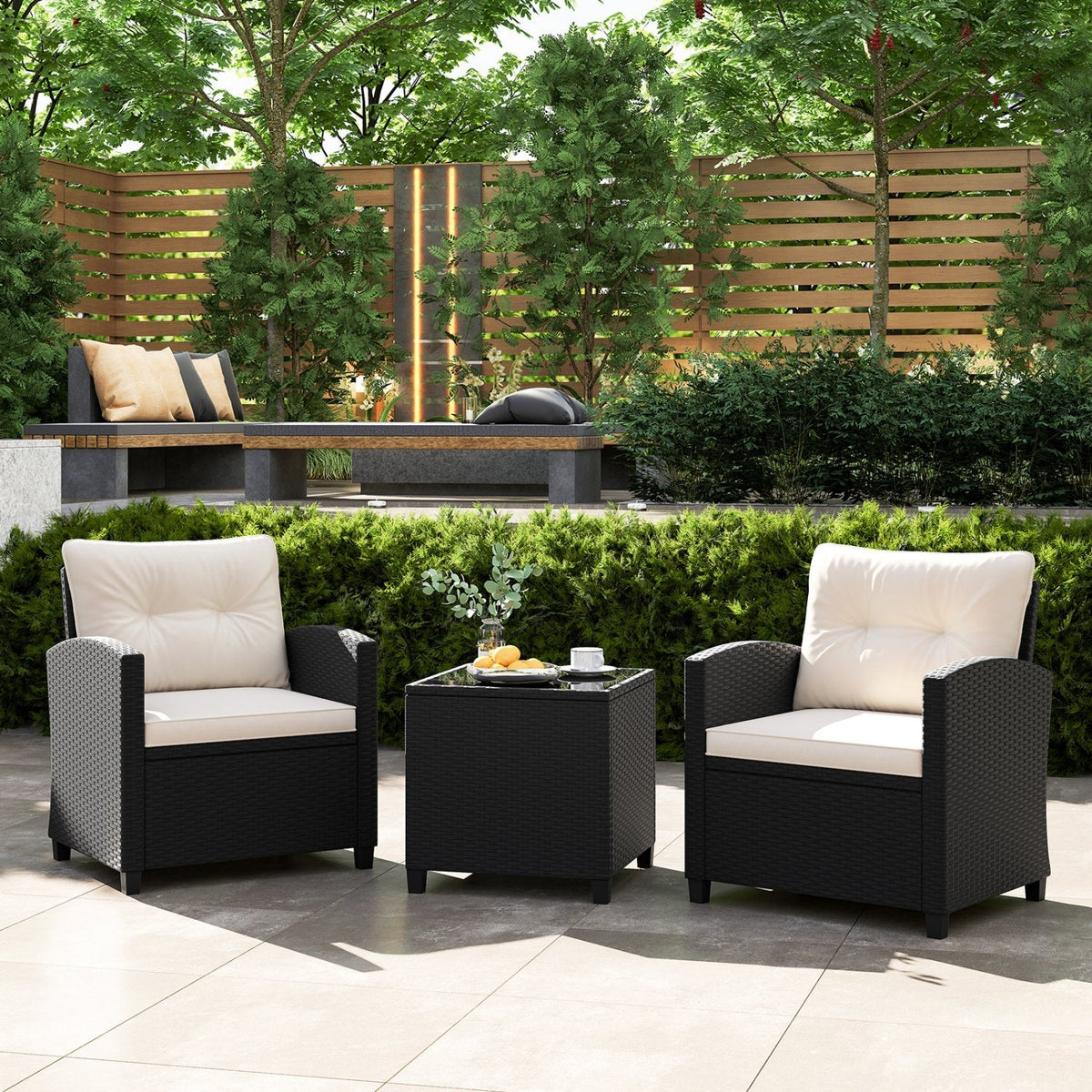 3 Piece Patio Rattan Conversation Set, 2 Armchairs Rated 400 lb with White Cushions and a Tempered Glass Top Table