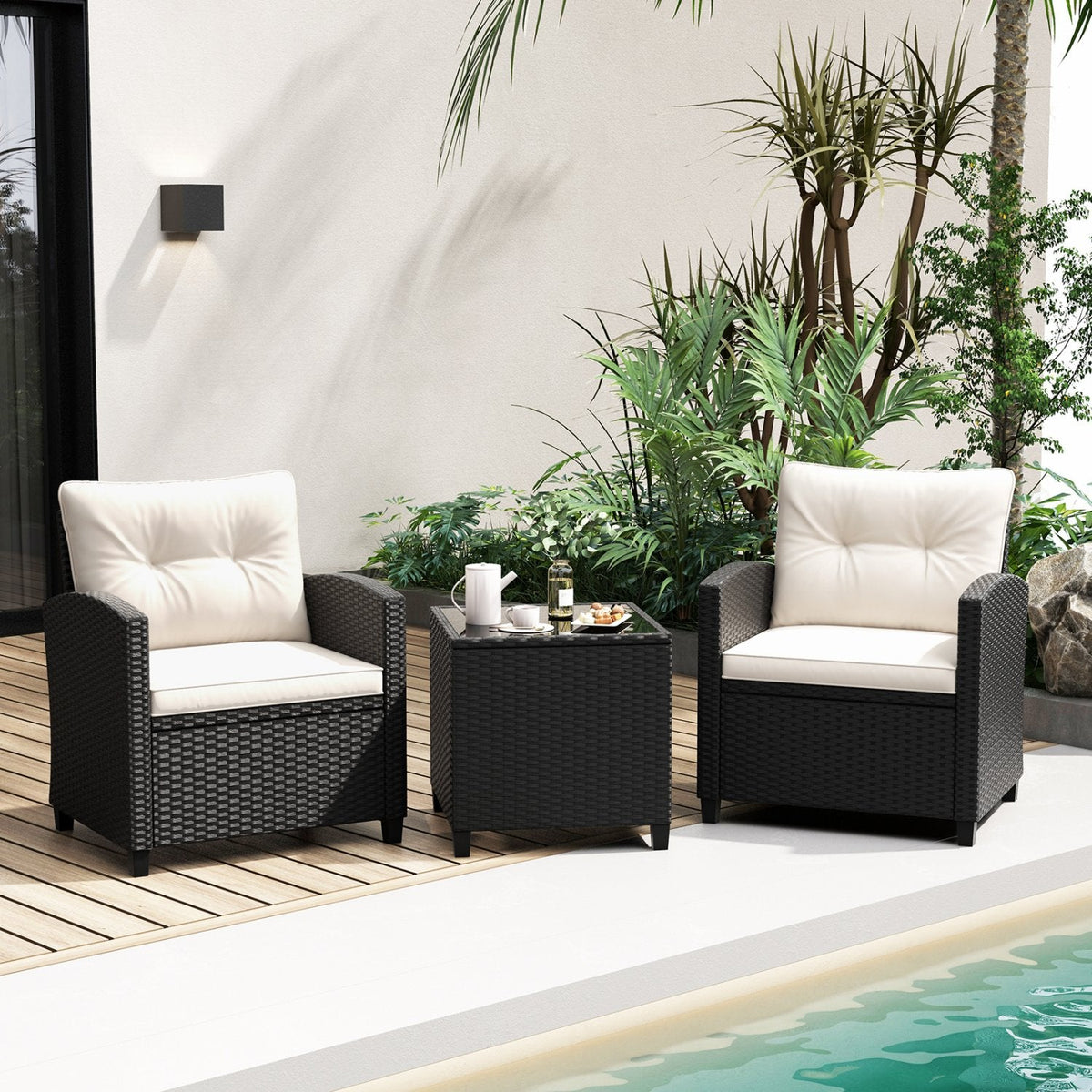 3 Piece Patio Rattan Conversation Set, 2 Armchairs Rated 400 lb with White Cushions and a Tempered Glass Top Table