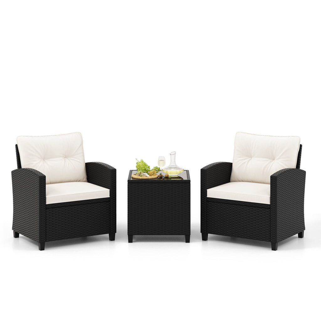 3 Piece Patio Rattan Conversation Set, 2 Armchairs Rated 400 lb with White Cushions and a Tempered Glass Top Table