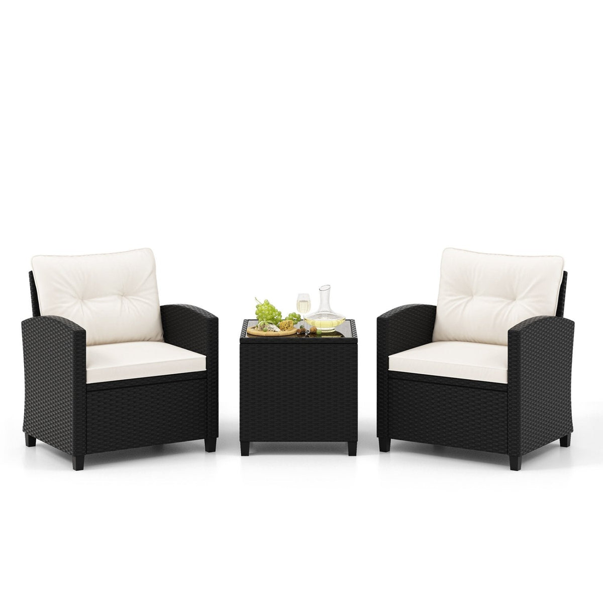 3 Piece Patio Rattan Conversation Set, 2 Armchairs Rated 400 lb with White Cushions and a Tempered Glass Top Table
