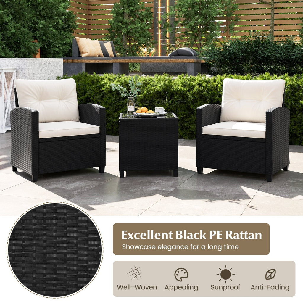 3 Piece Patio Rattan Conversation Set, 2 Armchairs Rated 400 lb with White Cushions and a Tempered Glass Top Table