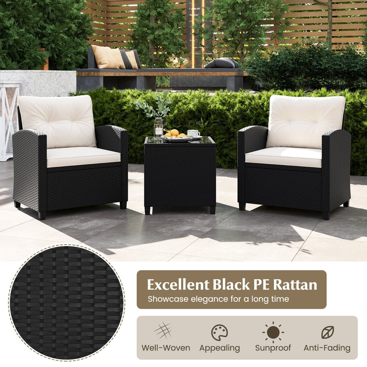 3 Piece Patio Rattan Conversation Set, 2 Armchairs Rated 400 lb with White Cushions and a Tempered Glass Top Table