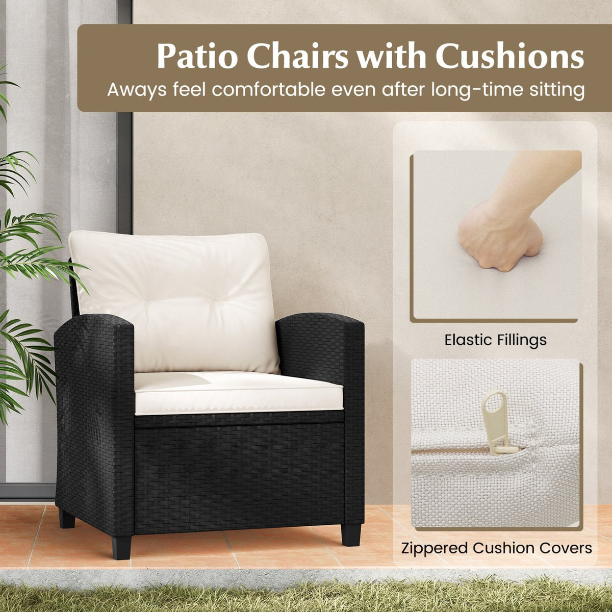 3 Piece Patio Rattan Conversation Set, 2 Armchairs Rated 400 lb with White Cushions and a Tempered Glass Top Table