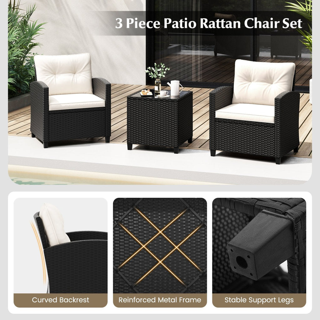 3 Piece Patio Rattan Conversation Set, 2 Armchairs Rated 400 lb with White Cushions and a Tempered Glass Top Table