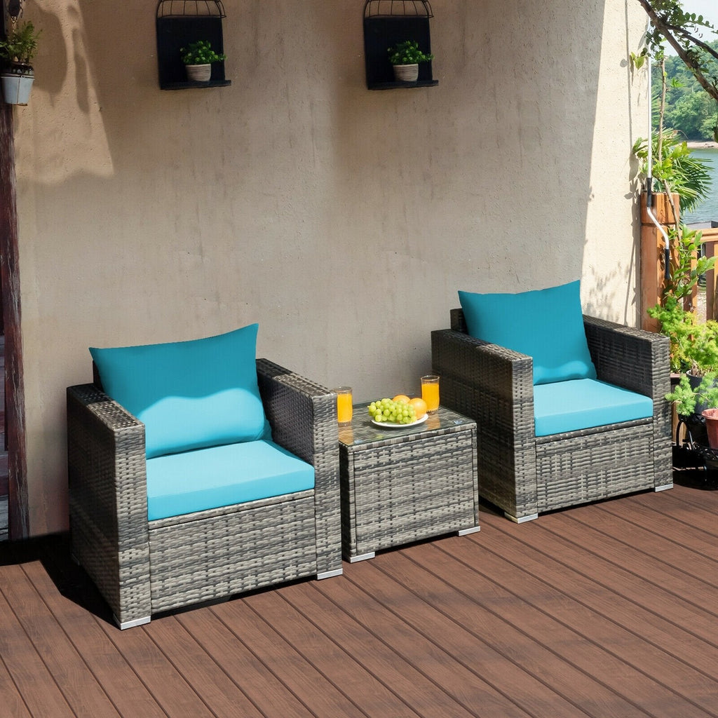 3 Piece Patio Rattan Sofa Set, 2 Grey Wicker Sofas Rated 400 lb with Turquoise Cushions and 20 in Tempered Glass Coffee Table