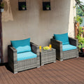 3 Piece Patio Rattan Sofa Set, 2 Grey Wicker Sofas Rated 400 lb with Turquoise Cushions and 20 in Tempered Glass Coffee Table