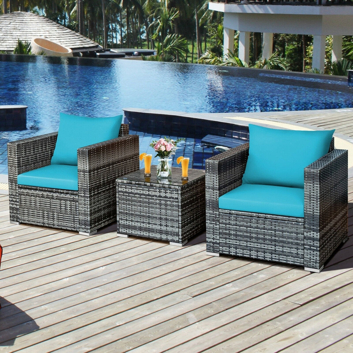 3 Piece Patio Rattan Sofa Set, 2 Grey Wicker Sofas Rated 400 lb with Turquoise Cushions and 20 in Tempered Glass Coffee Table